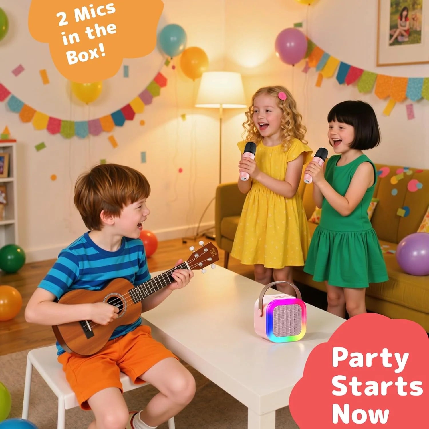 Portable karaoke machine with two wireless microphones and LED lights